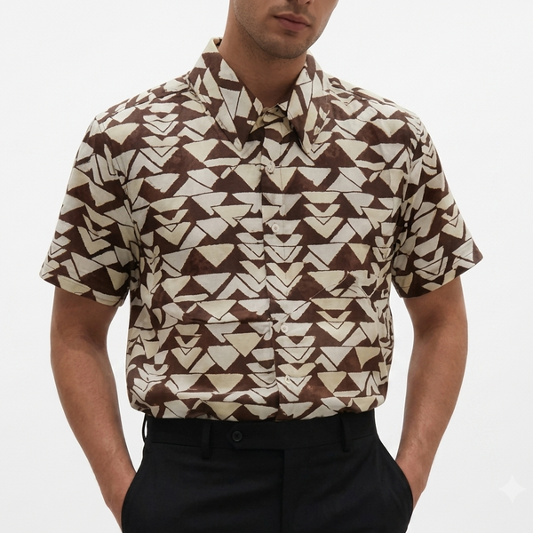 Premium Brown Geometric Print Shirt for Men – Short Sleeve Casual Button-Up Shirt