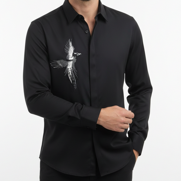 Embroidered Bird Design Formal Shirt  Elegant & Statement Style