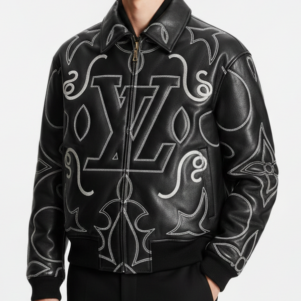 Premium Embroidered Leather Bomber Jacket