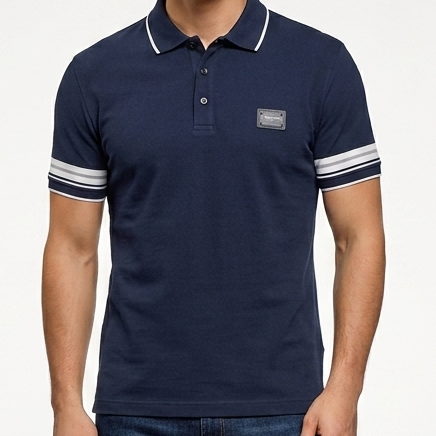 Premium Navy Blue Classic Polo T-Shirt With  Stripe Detailing