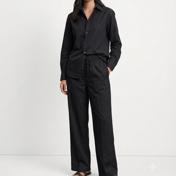 Elegant Women's Cotton Lenin Co-Ord Set |Black  Full Sleeve Shirt with Matching Pants