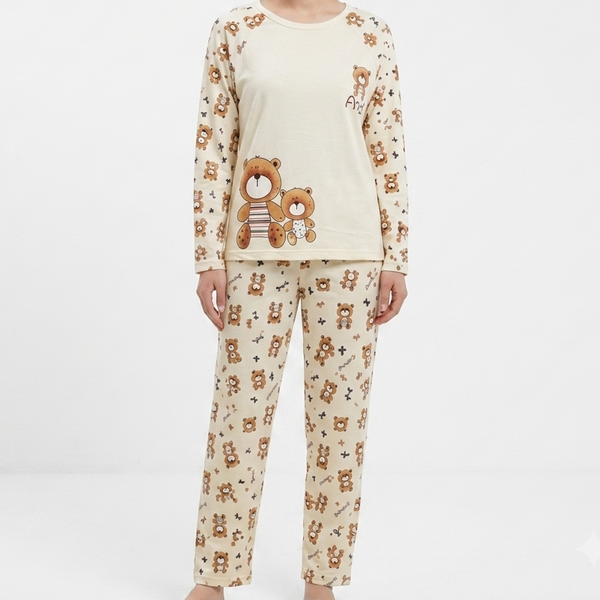 Women's Premium Cream Teddy Bear Print  Night Suit Set