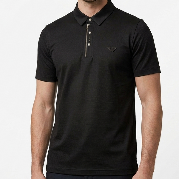 Men's Elegant Steel Blue Polo Neck T-Shirt Premium Knit Texture