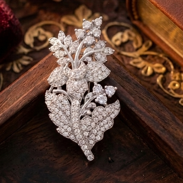 Elegant Leaf Design American Diamond Brooch Pin Brass Floral Style (4 cm x 2 cm)