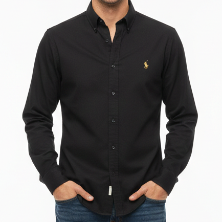 Classic Black Button-Down Shirt with Signature Embroidery