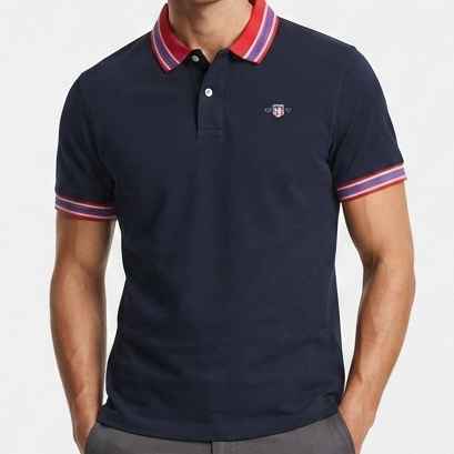 Men Navy Blue Striped Collar Polo T-Shirt Stylish Casual Short Sleeve Tee