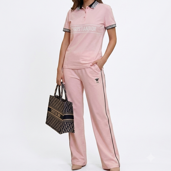 Women's Designer Pink Polo Top with Straight-Fit Track Pants