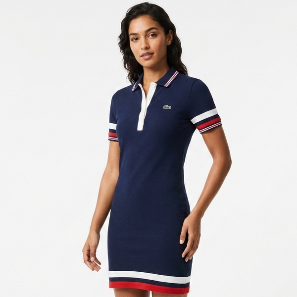 Women's Contrast Trim Polo Dress – Navy Blue Casual Luxury Dress
