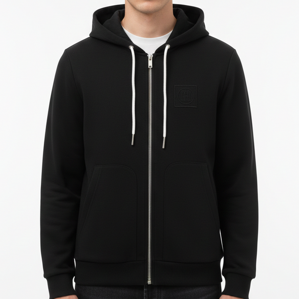 Classic Black Zip-Up Hoodie with Embossed Logo