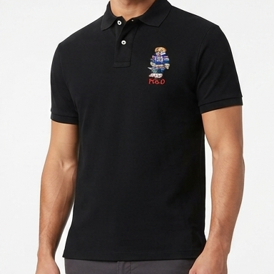 Premium Men's Black Polo T-Shirt with Embroidered Teddy Bear Logo