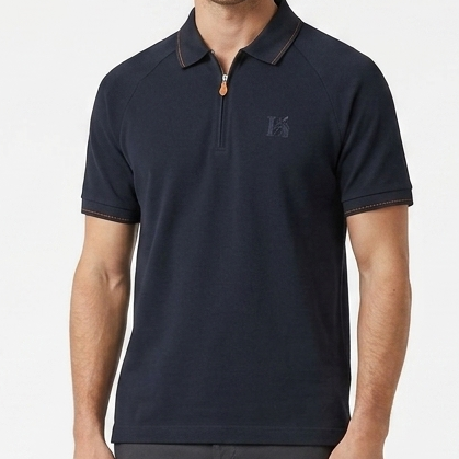 Designer Navy Blue Half-Zip Polo Shirt  Elegant Casual Wear for Men