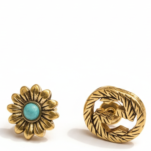 Elegant Gold Single-Ear Stud Earrings with Turquoise Accent