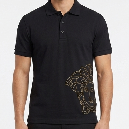 Luxury Black Designer Polo T-Shirt with Artistic Side Print for Men