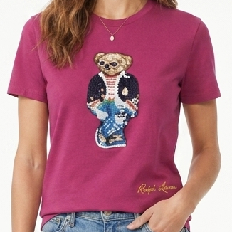 Premium Women's Magenta Teddy Bear Embroidered  T-Shirt