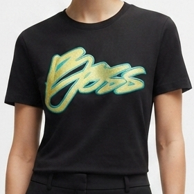 Imported Women Black Graphic Logo Round Neck T-Shirt