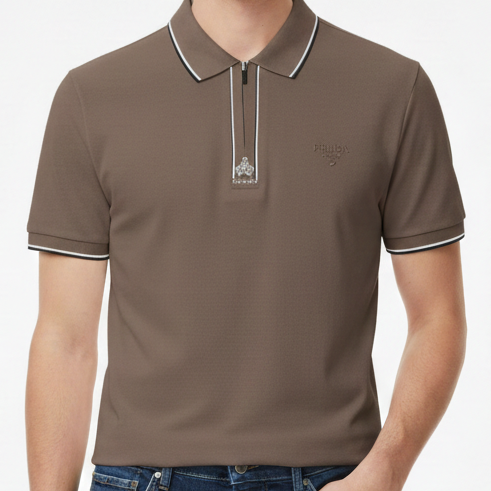 Men’s Premium Zip Neck Polo Brown T-Shirt –Stylish Solid Casual Fit Tee