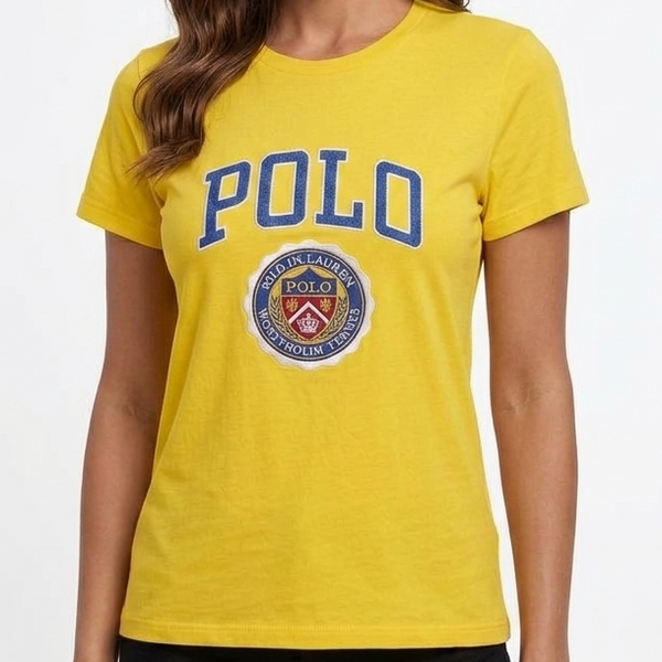Elegant Luxury  Women's Classic Crest Graphic Yellow Crew Neck Tee