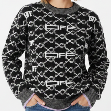 Luxury Black & White Patterned Winter Knit Sweater For Woman