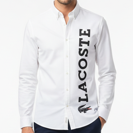Classic White Button-Down Shirt with Bold Vertical Logo Print