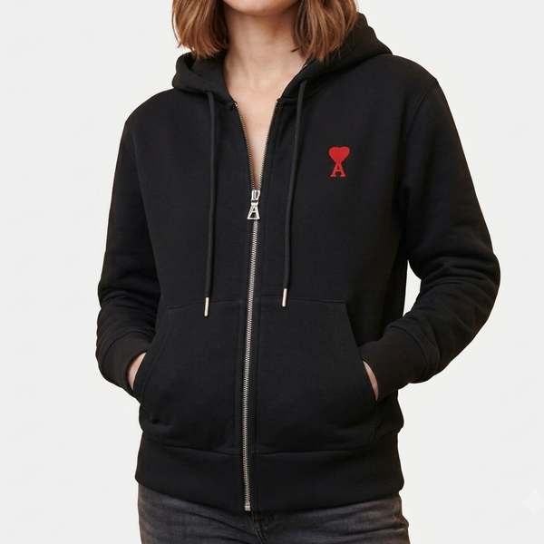 Black Zip-Up Hoodie Sweatshirt with Embroidered Red Heart Logo