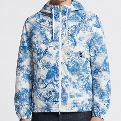 Premium Blue & White Printed Hooded Zip-Up Jacket