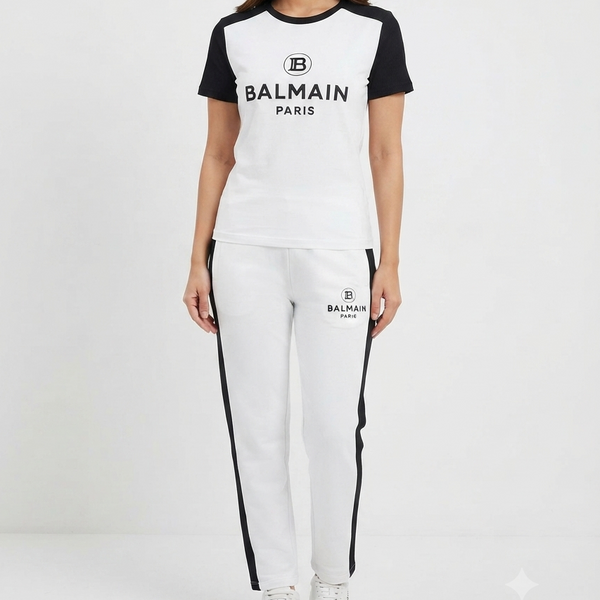 Women's Premium White & Black Co-Ord Tracksuit Set T-Shirt & Track Pants