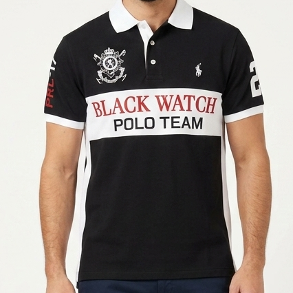 Men's Premium Black Watch Polo T-Shirt Classic Collar Tee with Bold Printed Design