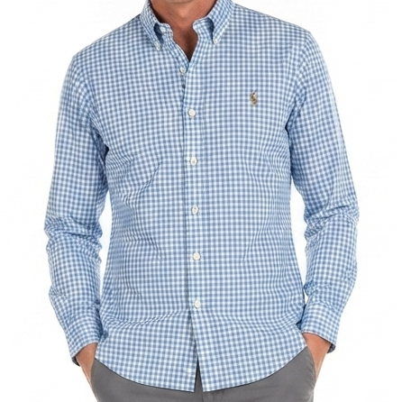Men   Blue Checked Casual Shirt with Embroidered Logo | Full Sleeves
