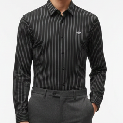 Men’s Black Striped Formal Shirt with Premium Logo Detail