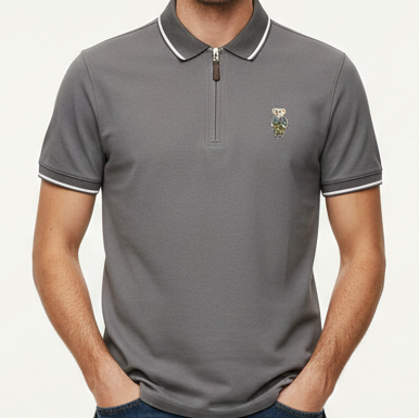 Men’s Premium Zip-Neck Polo T-Shirt with Embroidered Bear