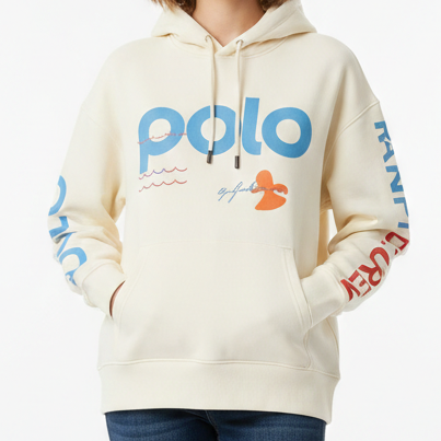 Luxury Women’s Cream Graphic Hoodie Sporty Style with Bold Logo Details
