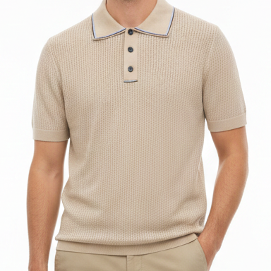 Classic Knit Polo Beige Textured Short Sleeve T-Shirt