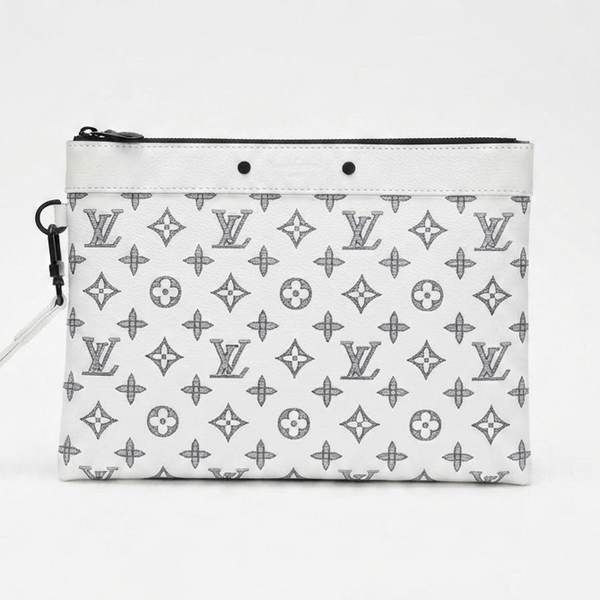 Women’s White Monogram Print Wristlet Clutch – Stylish & Compact Hand Pouch