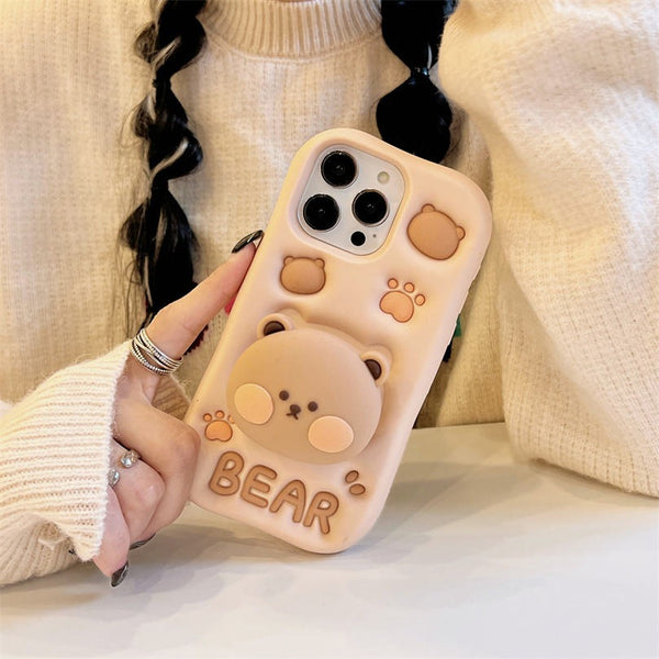 3D Big Headed Bear Silicone Kickstand Case for 11, 12, 13, 14 & 15 Series