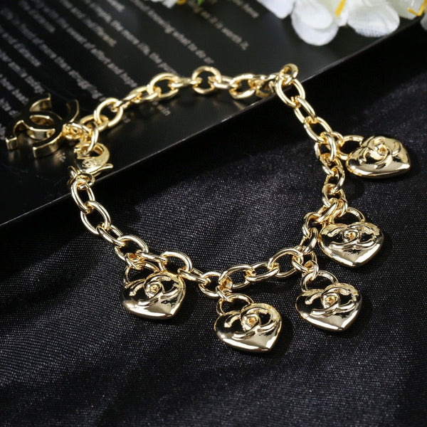 Gold Finish CC Heart Lock Charms Bracelet
