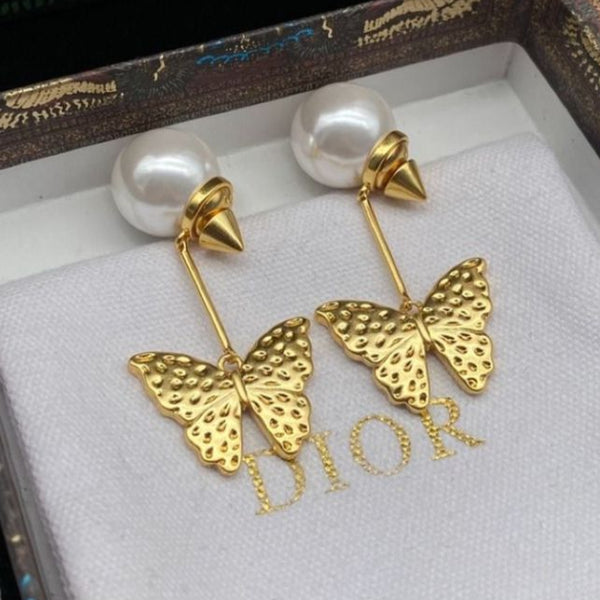 Butterfly Shaped Crystal Studded Pearl Drop Earrings
