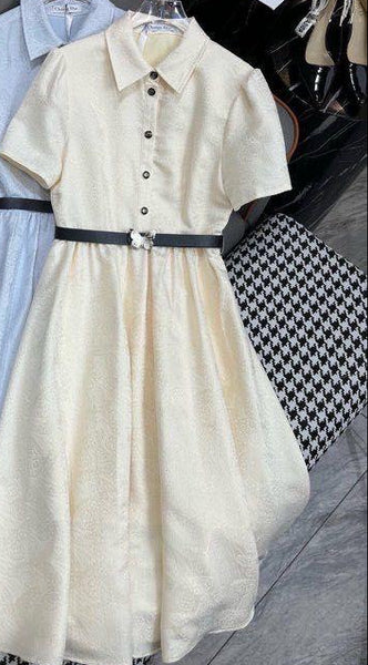 Elegant Collared Short Sleeve Fit & Flare Midi Dress with Waist Belt