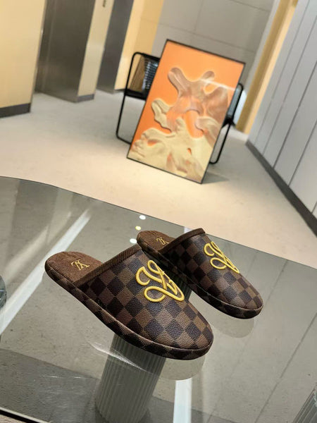 Brande Damier Slippers with Signature Yellow Emblem