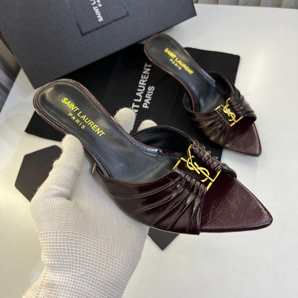 Elegant Open-Toe Heeled Slippers with Signature Gold Accent