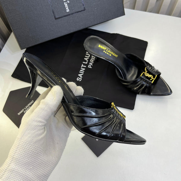 Ruched Open-Toe High-Heeled Mules with Gold Accent