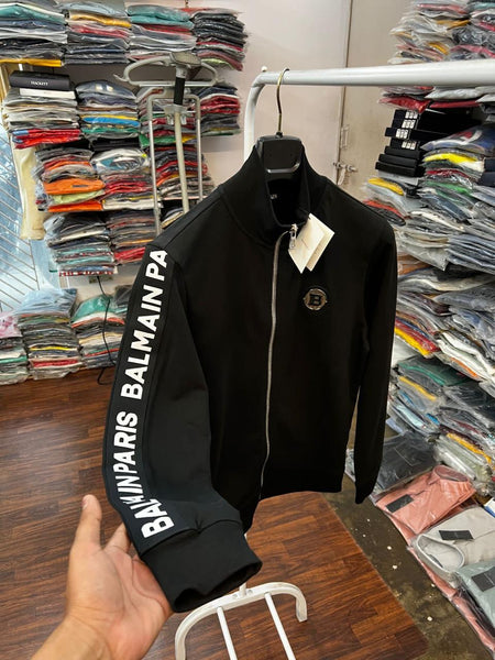 Men Black Zipper Sweatshirt with Text Sleeve Detail