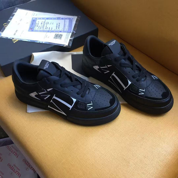 Men Premium All-Black Low-Top Street Sneakers – Bold Monogram Design