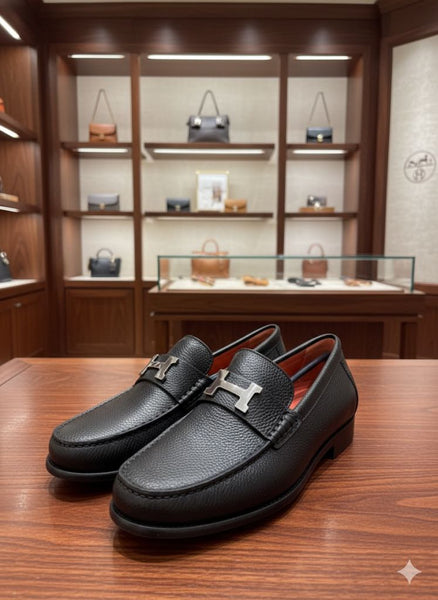 Premium Black Leather Shoes  with Signature Metal H Buckle