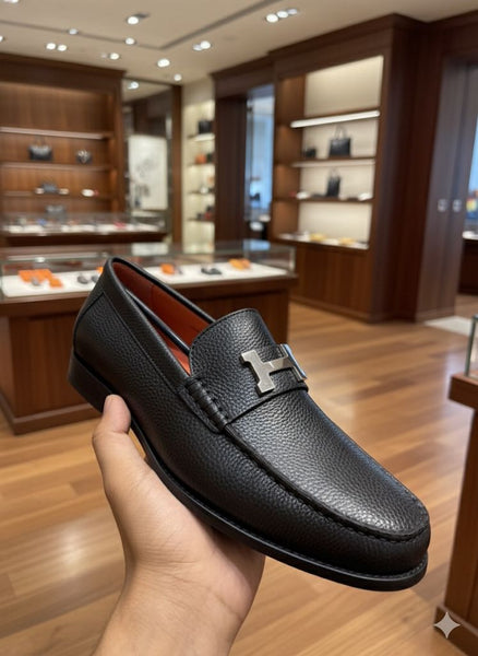 Premium Black Leather Shoes  with Signature Metal H Buckle