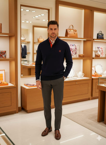 Classic Navy Blue  Knit Pullover with Contrast Collar Detailing