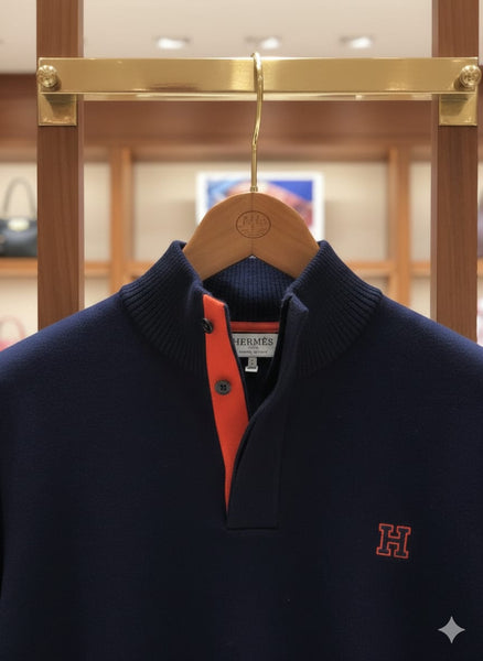 Classic Navy Blue  Knit Pullover with Contrast Collar Detailing