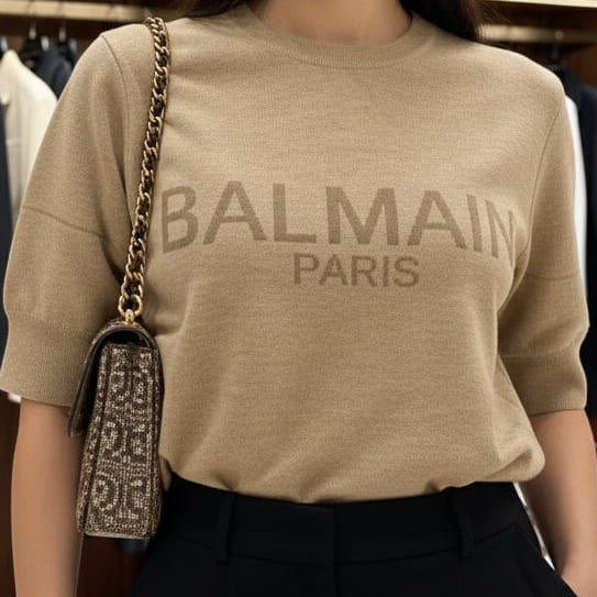 Woman Beige Logo Knit T-Shirt  Luxury Minimal Style
