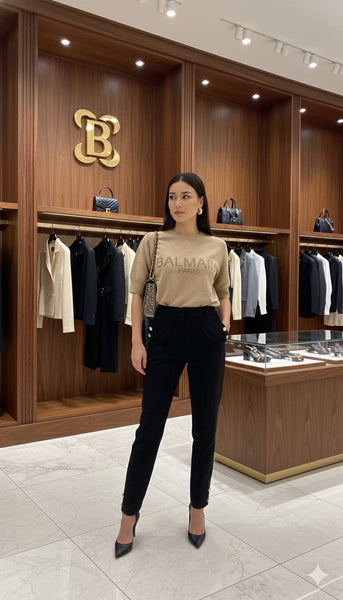 Woman Beige Logo Knit T-Shirt  Luxury Minimal Style