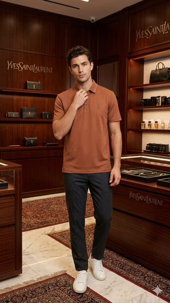 Saint Laurent YSL Men's Terracotta Orange Polo Shirt | Embroidered Logo | Premium Luxury Fashion