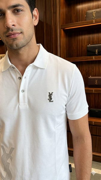 
Braneded White Polo T-Shirt with Embroidered Logo – Men's Luxury Short Sleeve Pique Polo